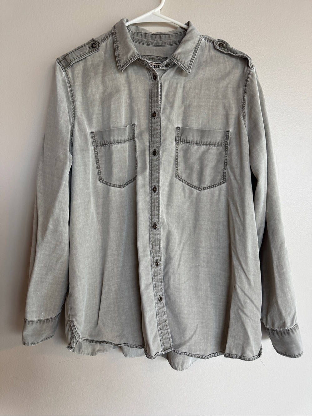 EXPRESS Sage Green Utility Military Button Down Shirt L Boyfriend Soft Safari